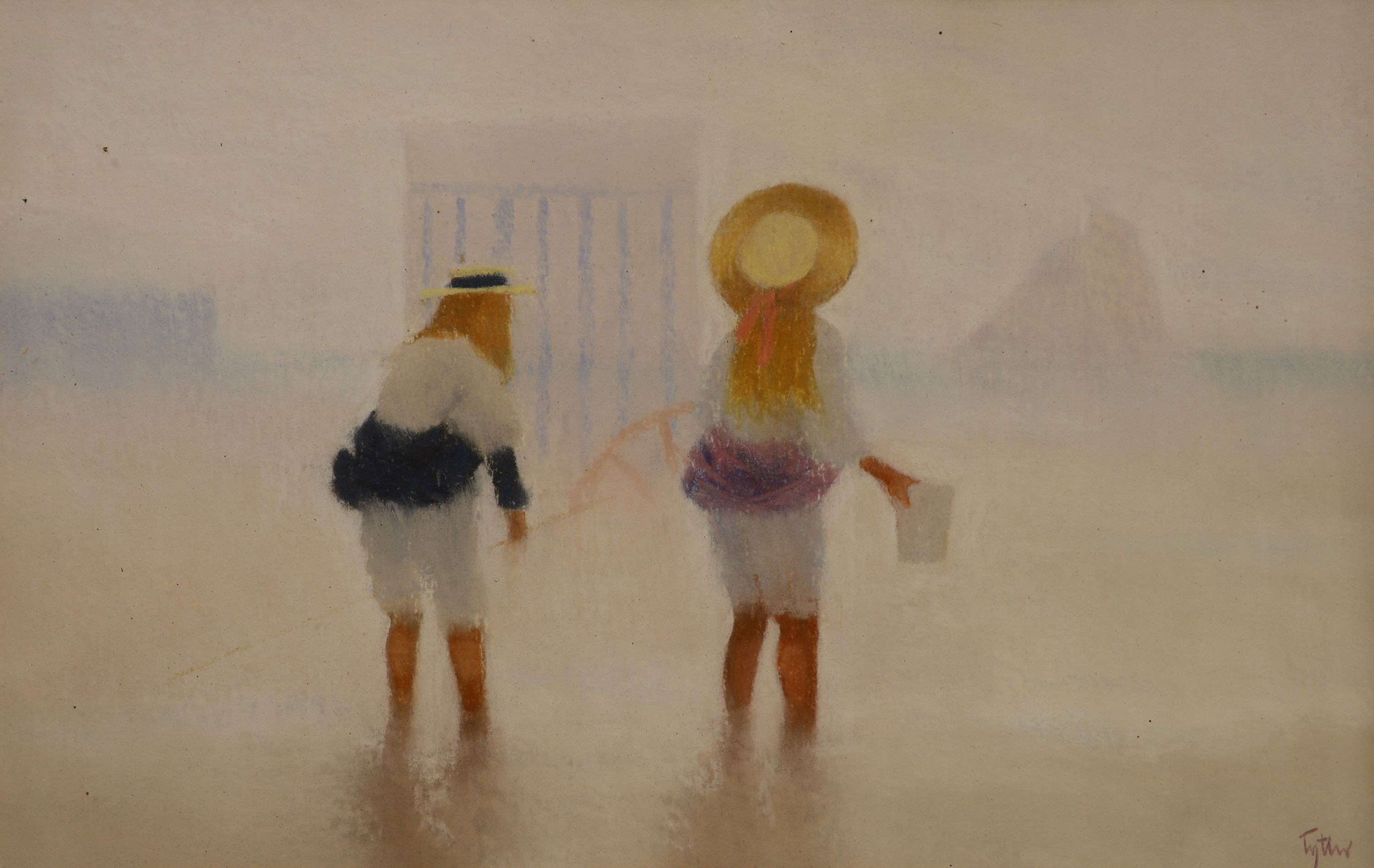 Modern British, pastel, girls on the seashore, signed Tyther, 19 x 30cm.